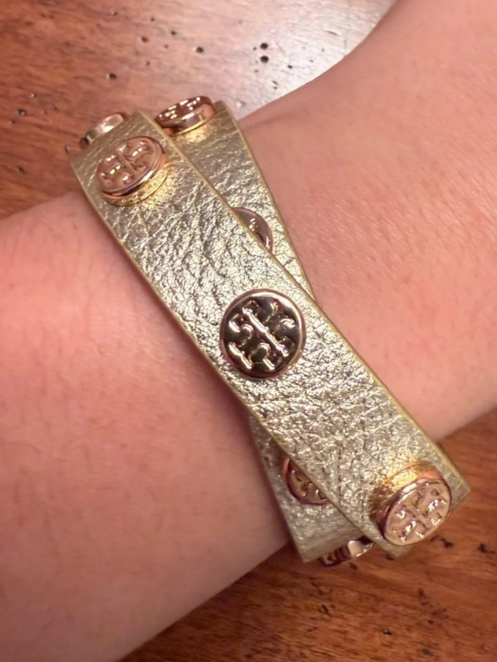Tory Burch Gold Double-Wrap Leather Bracelet with Logo Studs